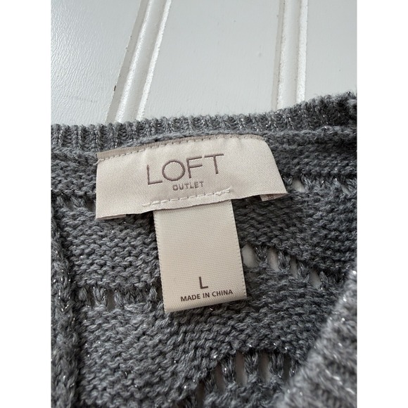 Loft Outlet Women's Large Gray Open Knit Sweater Silver Shimmer - Picture 2 of 8